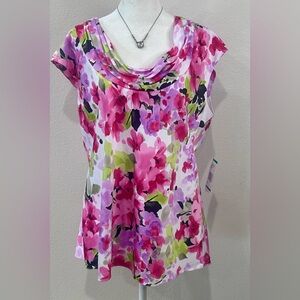 🩷”Anne Klein” NWT Multi Color Pink/Lavender Floral Cowl Neck Short Sleeve Blouse